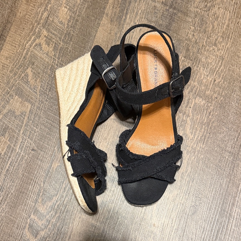 Lucky Brand Black Canvas Espadrille Wedge Sandals Women’s 10 Ankle Strap
